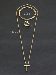 Detailed size specifications for vintage gold cross necklace, bracelet and ring set