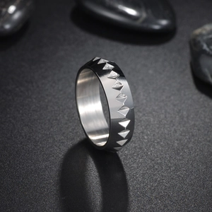 Mens punk titanium steel ring with geometric triangle engraving and brushed metal finish