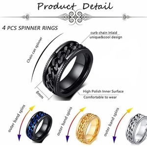 Set of four 8mm stainless steel spinner rings with rotatable Cuban chain in various colors