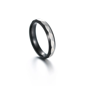 6mm brushed stainless steel ring with black and silver geometric faceted surface