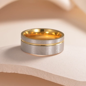 Minimalist brushed silver titanium ring with gold plated groove for couples