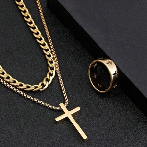 Gold plated stainless steel jewelry set with cross pendant necklace, Cuban chain, and ring