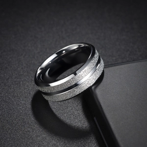 Classic titanium steel matte couple ring with black polished edges and silver frosted finish