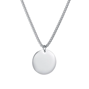 Close-up of polished silver round pendant with a fine chain in high-quality stainless steel