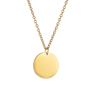 Close-up of a minimalist gold stainless steel O-chain necklace with a polished round pendant