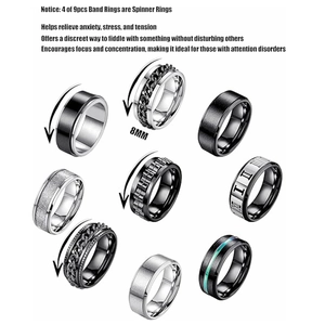 9-piece set of black and silver spinner rings for men featuring rotatable anxiety relief design