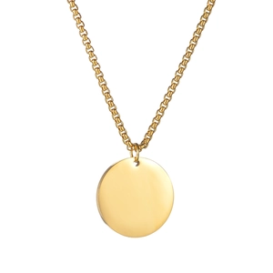 Detailed close-up of a polished gold-plated round pendant on a classic box chain necklace
