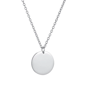 Detailed view of polished stainless steel round pendant necklace with O-chain