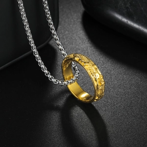 Vintage gold dragon ring pendant on a silver box chain with high-quality engraving