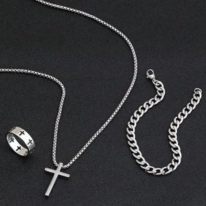 Men's silver stainless steel jewelry set with cross pendant necklace, bracelet and ring