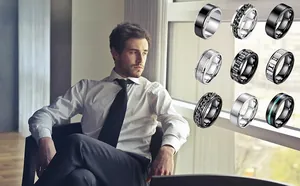 Macro view of 9-piece stainless steel spinner ring set for men in silver and black finish