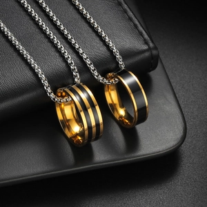 Stainless Steel Ring Pendant Necklace For Men Women Minimalist Gold Silver Box Chain Geometric Black Enamel Fashion Jewelry