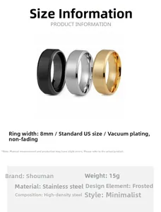 Detail view of 8mm wide matte stainless steel rings showing dimensions and weight