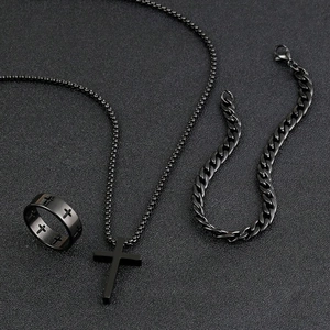 Minimalist Titanium Steel Cross Jewelry Set For Unisex Electroplated Hollow Cross Pendant Necklace Cuban Bracelet Open Ring
