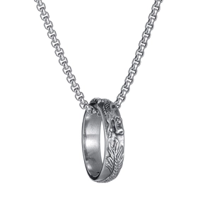 Silver stainless steel box chain necklace with a vintage carved dragon pattern ring pendant