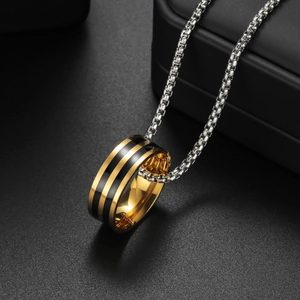 Men's gold plated stainless steel ring pendant necklace with double black stripes