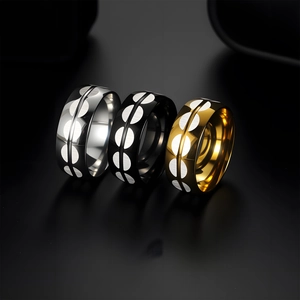 Three-piece geometric matte stainless steel ring set in silver, black and gold finishes