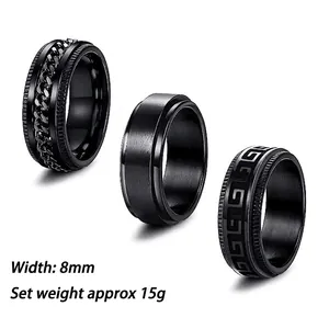 Men Black Titanium Steel Rotating Ring Trio Chain Greek Key Brushed Finish Stress Relief Anxiety Band Ring Jewelry For Men