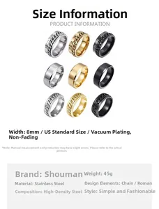8mm titanium steel ring set with spinning chains and roman numerals in gold black silver