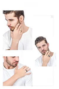 Men's titanium steel rings in gold, silver, and black worn for a business casual style