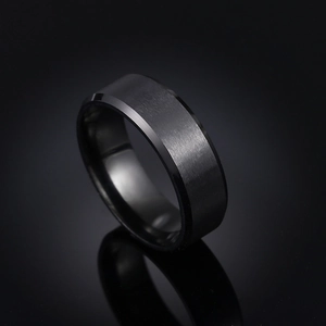 Macro view of matte black titanium steel ring with beveled edges and brushed texture