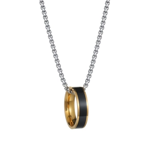 Unisex stainless steel necklace with gold and black enamel ring pendant on silver chain