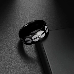 Minimalist two-tone black and silver stainless steel ring with a geometric pattern
