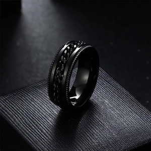 Macro shot of men's black titanium steel ring featuring a central chain and beaded edges