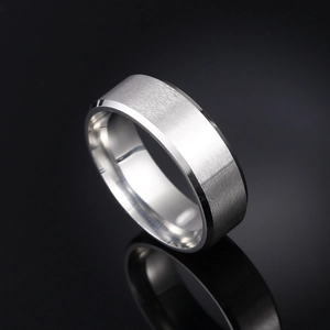 Detail of silver titanium steel ring with brushed surface and polished beveled edges