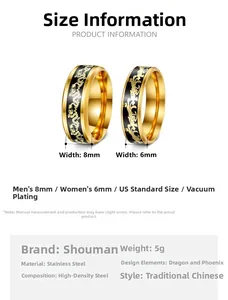 Detailed view of dragon and phoenix gold rings in 8mm and 6mm stainless steel