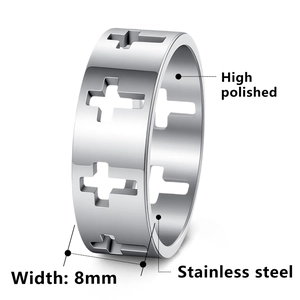 Polished stainless steel 8mm ring featuring a hollowed-out cross pattern design