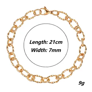 Golden stainless steel twisted rope link chain bracelet, 21cm length and 7mm width