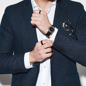 Men's matte black titanium steel rings and minimalist watch set with professional suit