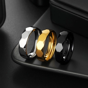 Minimalist geometric faceted titanium steel rings in silver, gold, and black finishes