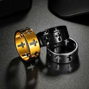 Three-piece set of hollow cross titanium steel rings in gold, black, and silver finishes