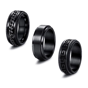 Three-piece black titanium steel ring set with Greek key and chain textures for men