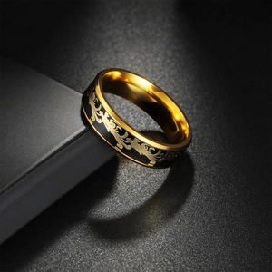 Black and gold stainless steel ring with intricate dragon patterns for couples