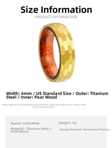6mm titanium steel ring with hammered gold exterior and natural pearwood wood inlay