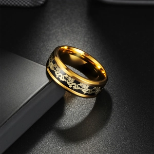 Golden stainless steel men's ring with black enamel and intricate gold dragon pattern