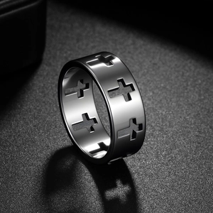 Polished stainless steel cross cutout ring with hollow religious pattern for daily wear
