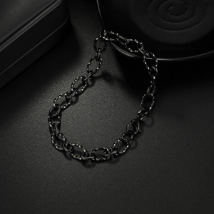Polished matte black stainless steel twist chain necklace with lobster clasp and textured links