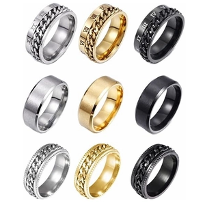 Titanium steel ring set for men in gold, silver, and black with roman numerals and chains