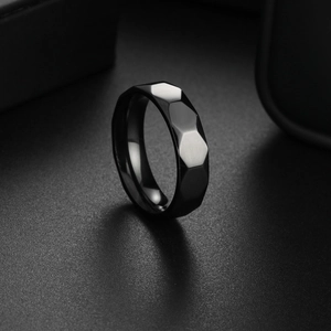 Faceted honeycomb mirror finish black titanium steel wedding ring for men in minimalist style