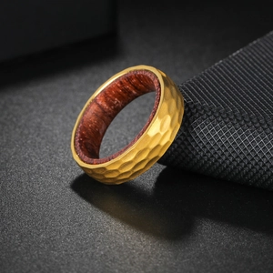 6mm hammered gold steel wedding ring with natural wood inlay for men and women