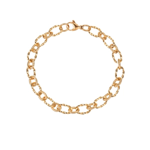 Macro detail of gold titanium curb chain link bracelet with textured rings and lobster clasp