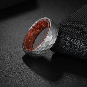 6mm titanium ring with hammered silver exterior and red wood inlay for wedding bands