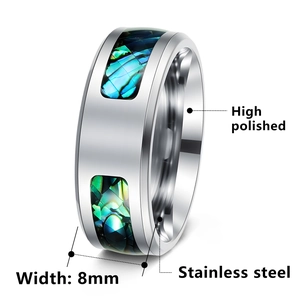 Bague en acier inoxydable de 8 mm avec incrustation d'abalone colorée pour hommes