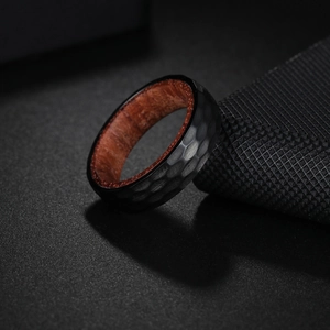6mm black hammered titanium ring with natural rosewood inlay for men and women