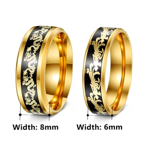 Golden dragon and phoenix couple rings with black enamel inlay in 8mm and 6mm width