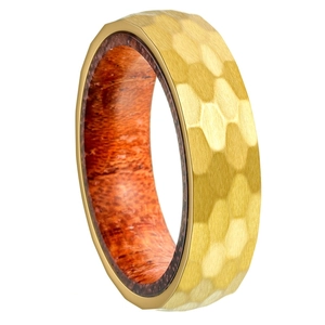6MM hammered gold steel ring with mahogany wood inner lining for couples and weddings